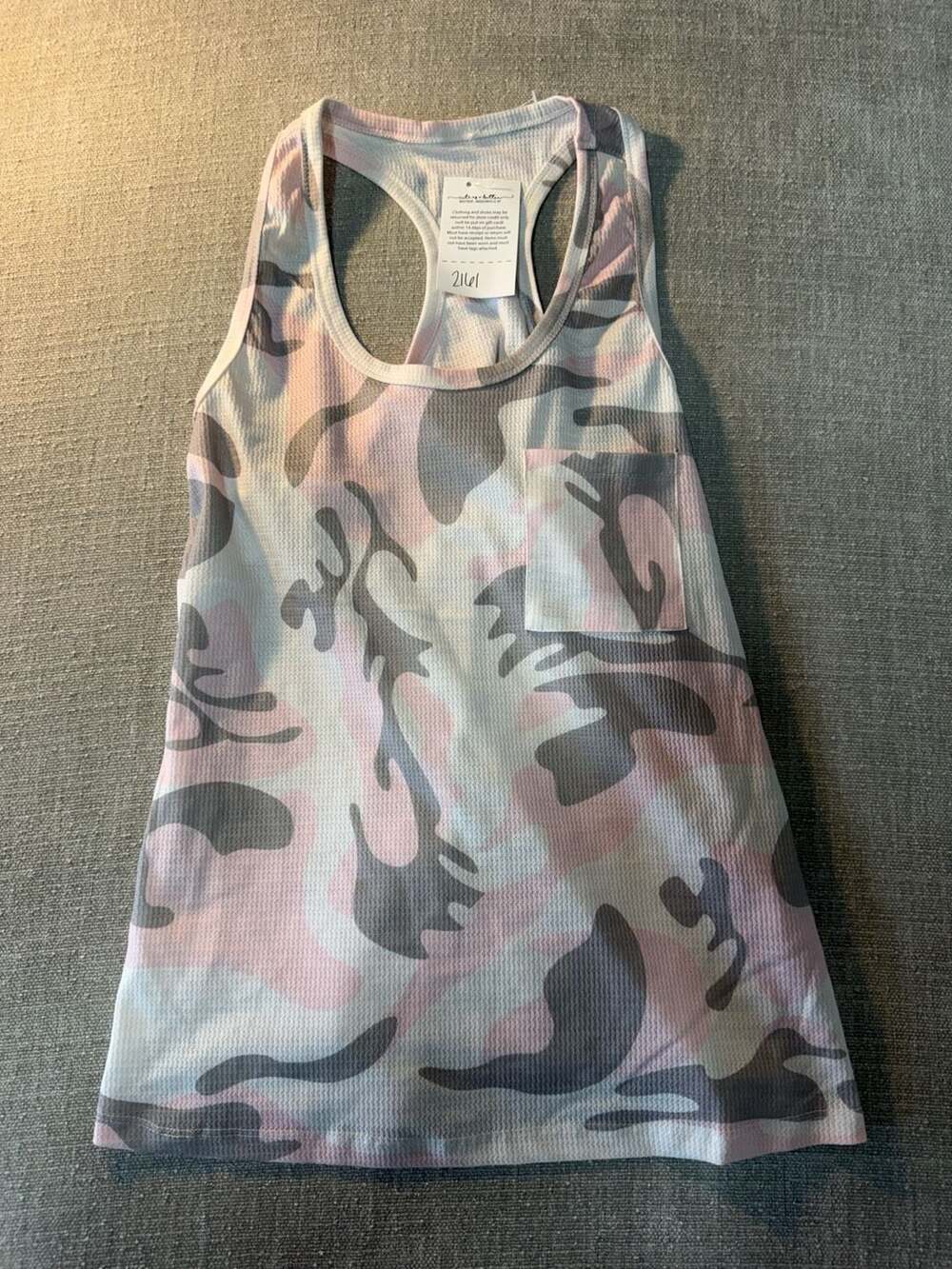 Cute as a Button Boutique Pink Camo Racerback Waffle Knit Tank Top with Pocket